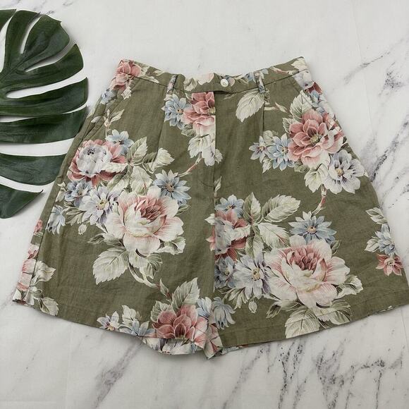 Evan Picone Womens Vintage 90s Linen Shorts Size 6 Green Pink Floral Pleated - Picture 1 of 9